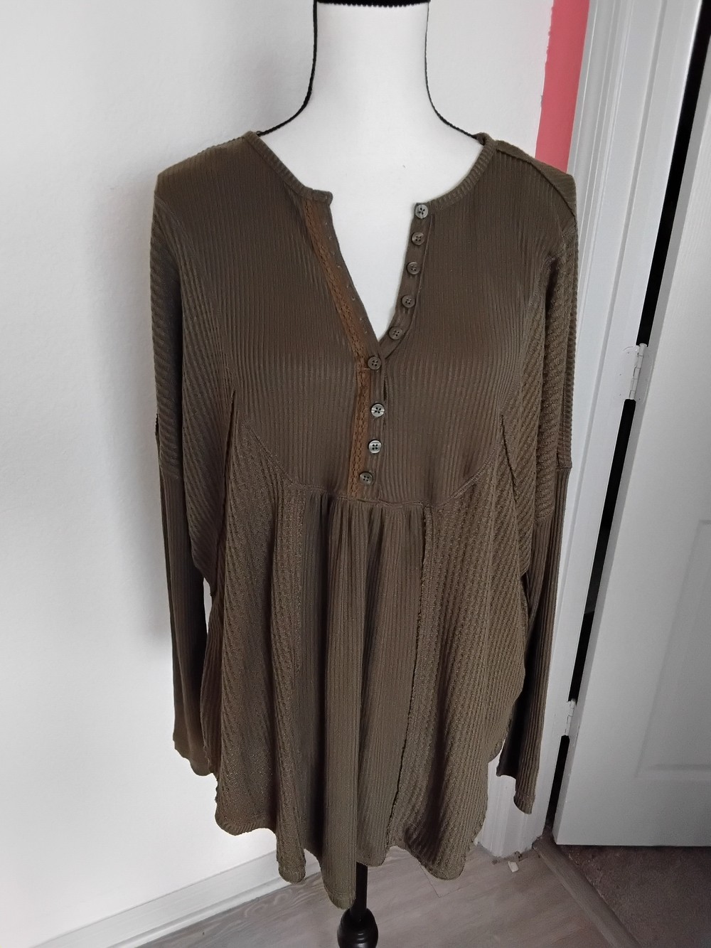 Free People Olive Ribbed Henley Top